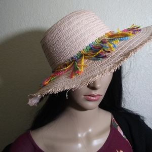 Summer Neon Ladies Straw Hat, Pale pink, w/frills.